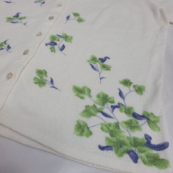 VINTAGE 90s sweater white floral‎ button up cardigan M - Picture 3 of 7
